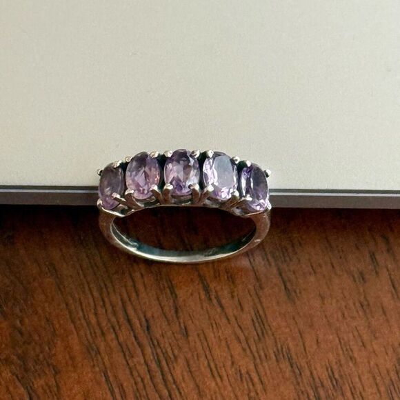 Stunning Oval Natural 5 Stone Amethyst Ring Sterling Silver Womens Size 6 New - Picture 8 of 10